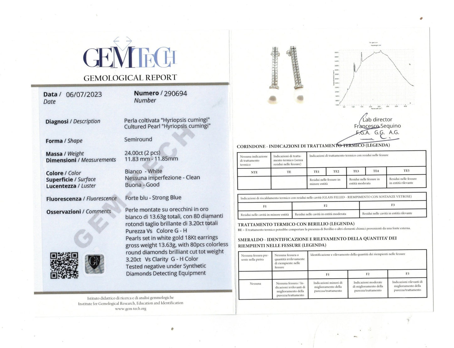 Orecchini Astralia con Diamanti 3,20 ct e Perla 24,00 ct in Oro Bianco con Certificato Gemmologico GEM-TECH 18 kt (750)
