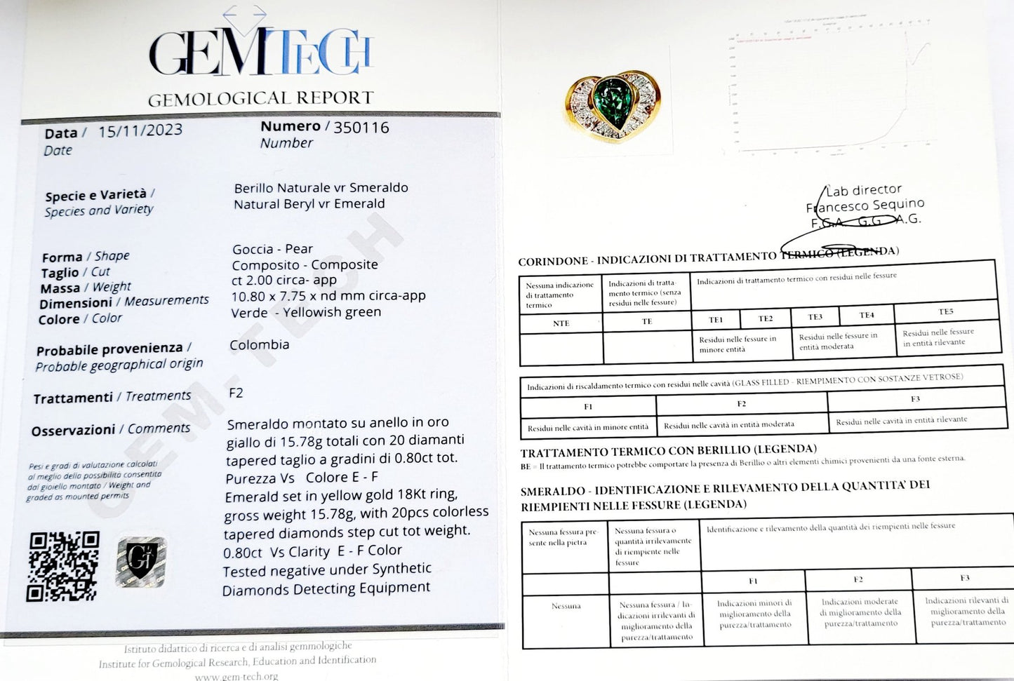 Anello Astralia con Smeraldo ct 2,00 a Goccia e Diamanti ct 0,80 - taglio Baguette con certificato Gem Tech