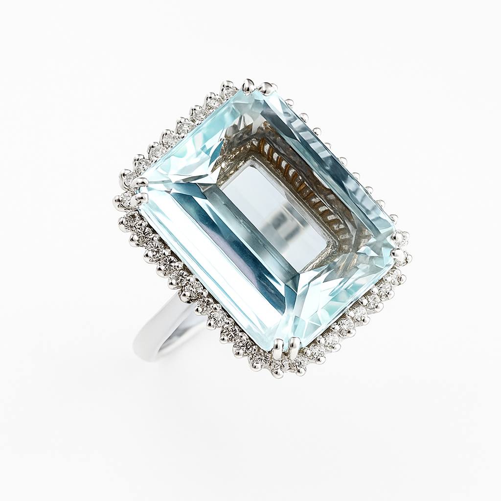 Anello fantasia Acquamarina ct 7,60 contorno di Diamanti ct 0,20 Oro Bianco 18kt-750