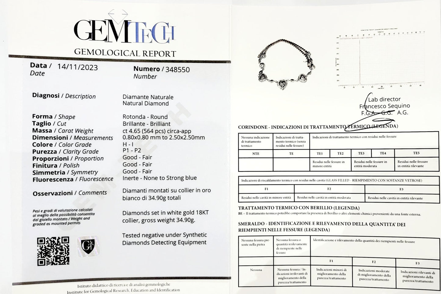 Collana a cuore con Diamanti ct 4,65 in Oro Bianco con certificazione gemmologica Gem Tech 18 kt -750