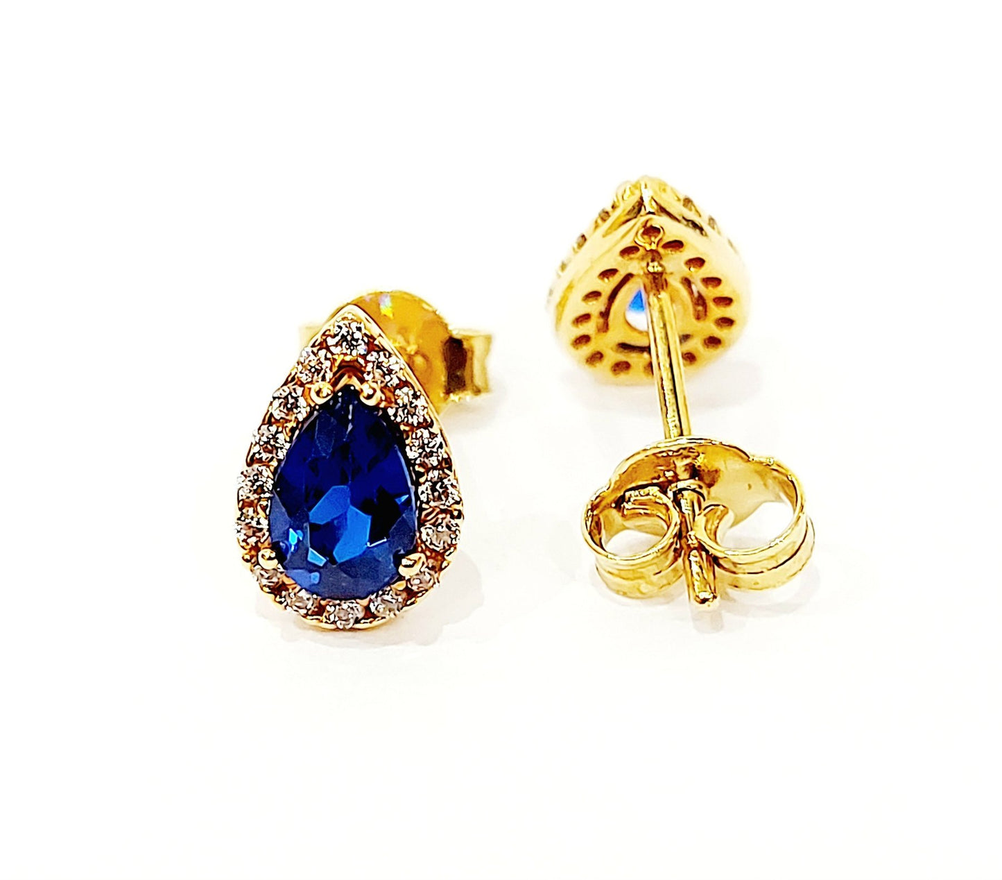 Orecchini fantasia Zaffiri blu goccia 0,90 ct e Diamanti ct 0,64 in Oro Giallo 18 kt -750