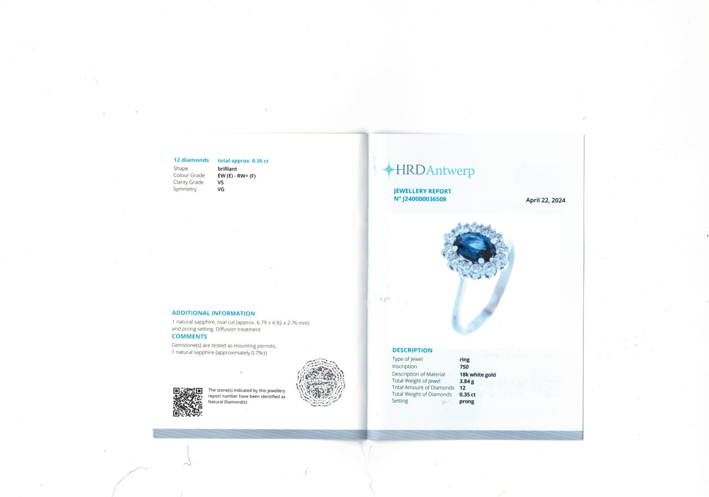 Anello con diamanti da ct 0,35 e zaffiro blu da ct 0,79 in oro Bianco 18kt (750) certificato HRD Antwerp