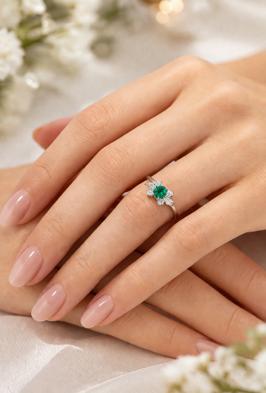 Anello con smeraldo ovale centrale ct 0,45 e diamanti ct 0,32 in oro bianco 18kt (750)