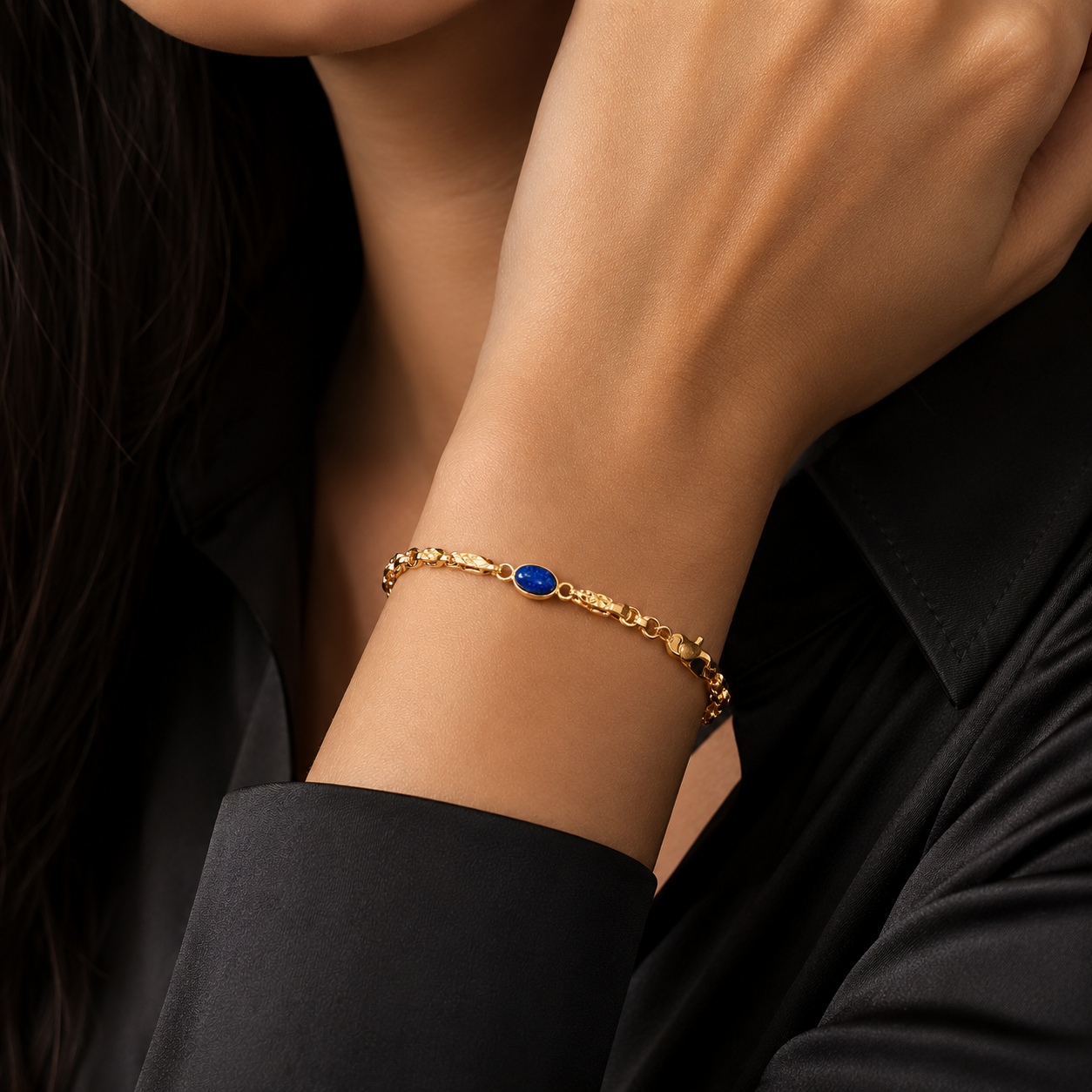Bracciale con lapislazzulo maglia bamboo in oro giallo 18kt (750) - 3.85 gr - oreficeria