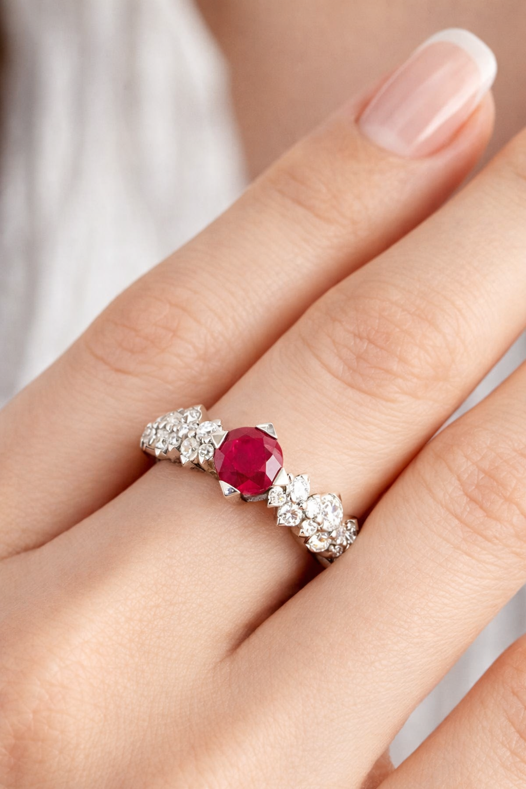 Anello con Rubino ct 0,80 e Diamanti ct 0,67 in oro bianco 18kt (750)