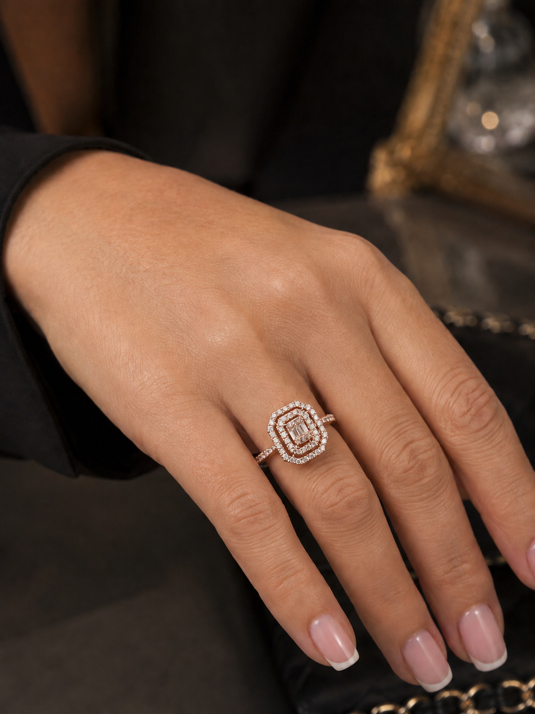 Anello rettangolare diamanti bianchi ct 0,45 in oro rosa 18kt (750)