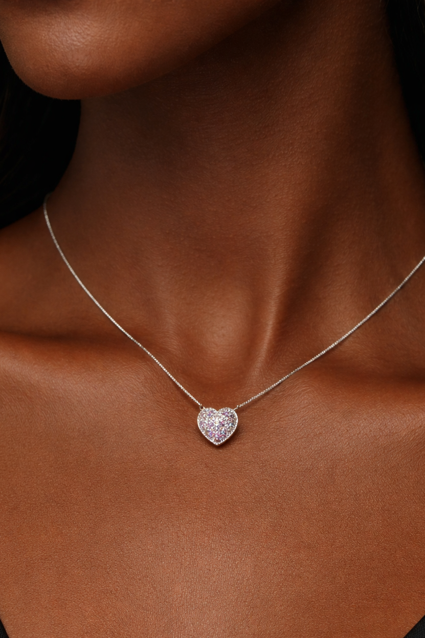 Collana cuore pavé con diamanti 0,25 ct e zaffiro rosa 0,20 ct in oro bianco 18Kt (750)