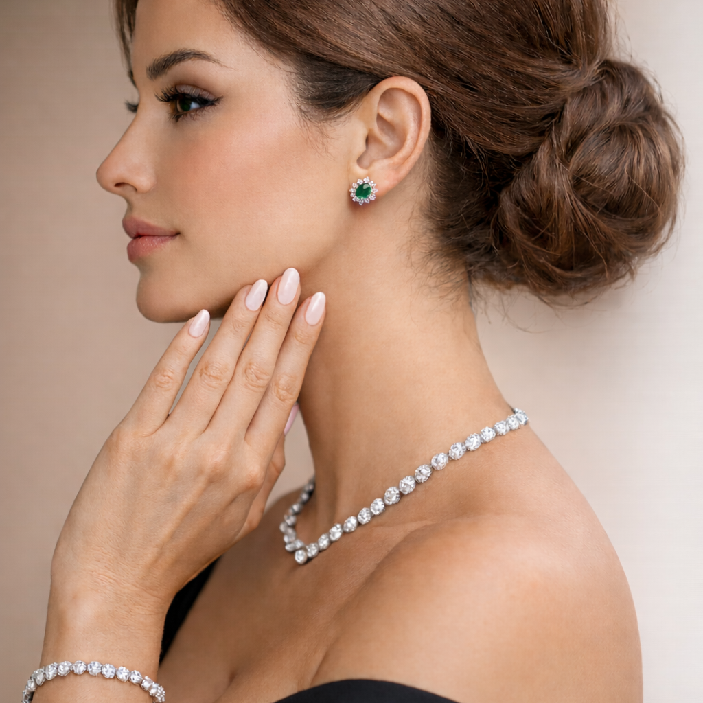 Orecchini con smeraldo ct 0,45 e diamanti ct 0,28 in oro bianco 18kt (750)