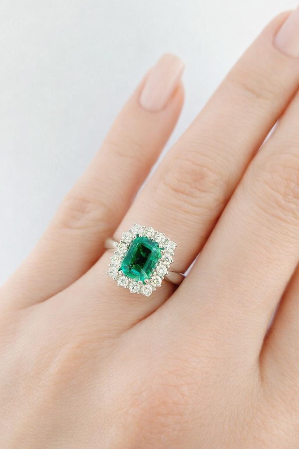 Anello con Smeraldo Ottagonale ct 1,34 e contorno di Diamanti ct 0,45 in oro bianco 18kt (750)
