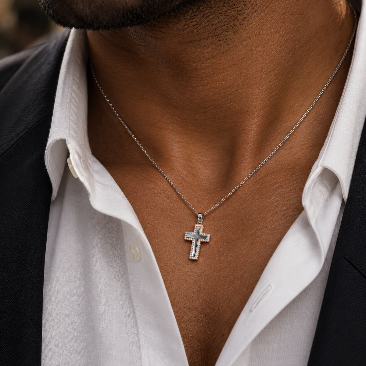 Collana Croce specchiata con diamanti ct 0,81 in oro bianco e rosa 18kt (750)