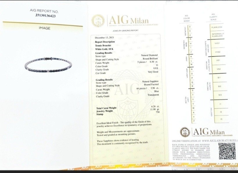 Bracciale Tennis in Oro bianco con Diamanti 0,30 ct e Zaffiri 3,96 ct con certificato Gemmologico AIG Milan 18 kt (750)