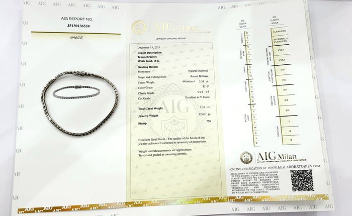 Bracciale Tennis in Oro Bianco con Diamanti 3,31 ct con certificazione Gemmologica AIG Milan 18 kt (750)