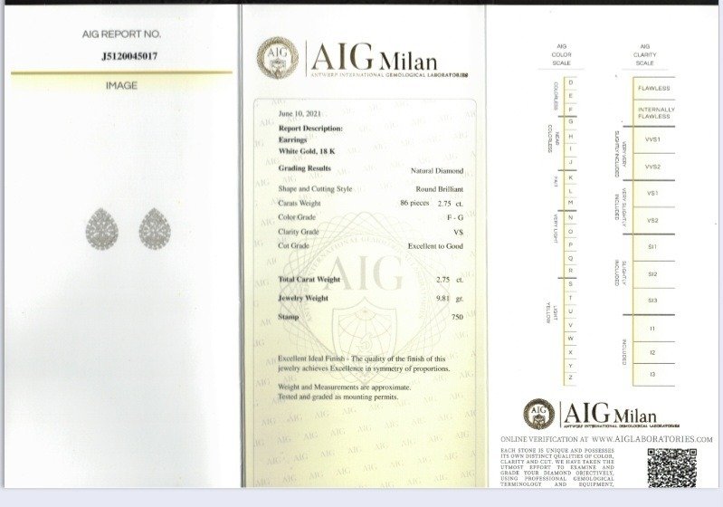 Orecchini Goccia Oro Bianco e Diamanti 2,75 ct con certificazione gemmologica AIG MILAN 18 kt (750)