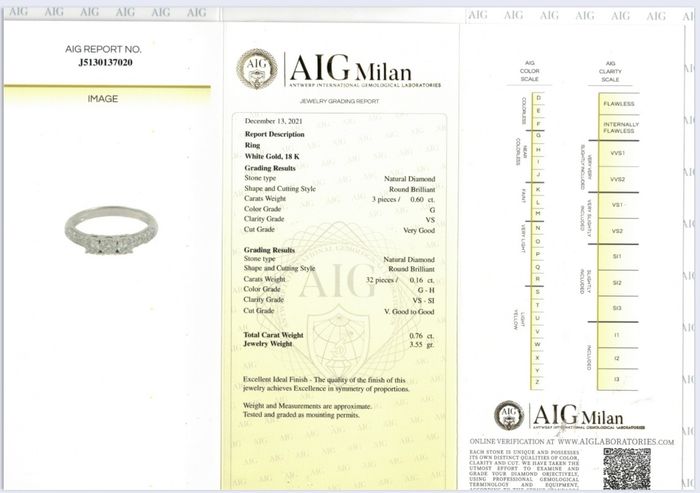 Anello Trilogy in Oro Bianco con Diamanti 0,76 ct con certificazione gemmologica AIG Milan 18 kt (750)