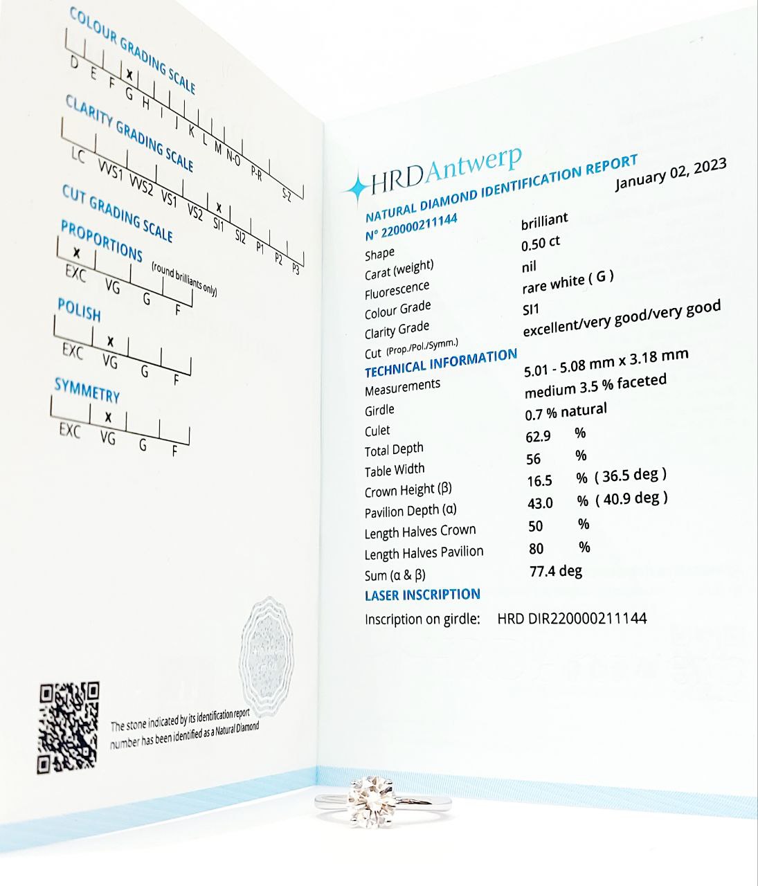 Anello Solitario con Diamante naturale 0,50 ct in Oro Bianco con certificazione HDR ANTWERP 18kt (750)