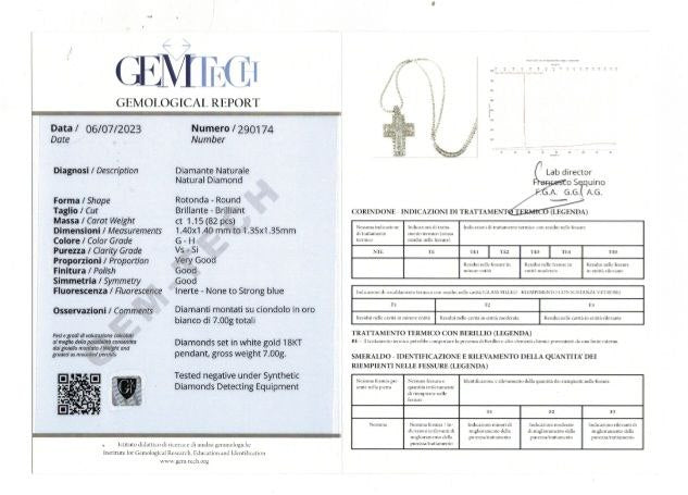Collana pendente croce Astralia Diamanti 1,15 ct Oro Bianco 18kt-750 Certificato GEM-TECH