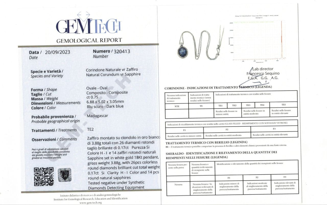 Collana con pendente a con Zaffiro ct 1,03 e Diamanti ct 0,17 Oro Bianco 18kt-750 GEM-TECH