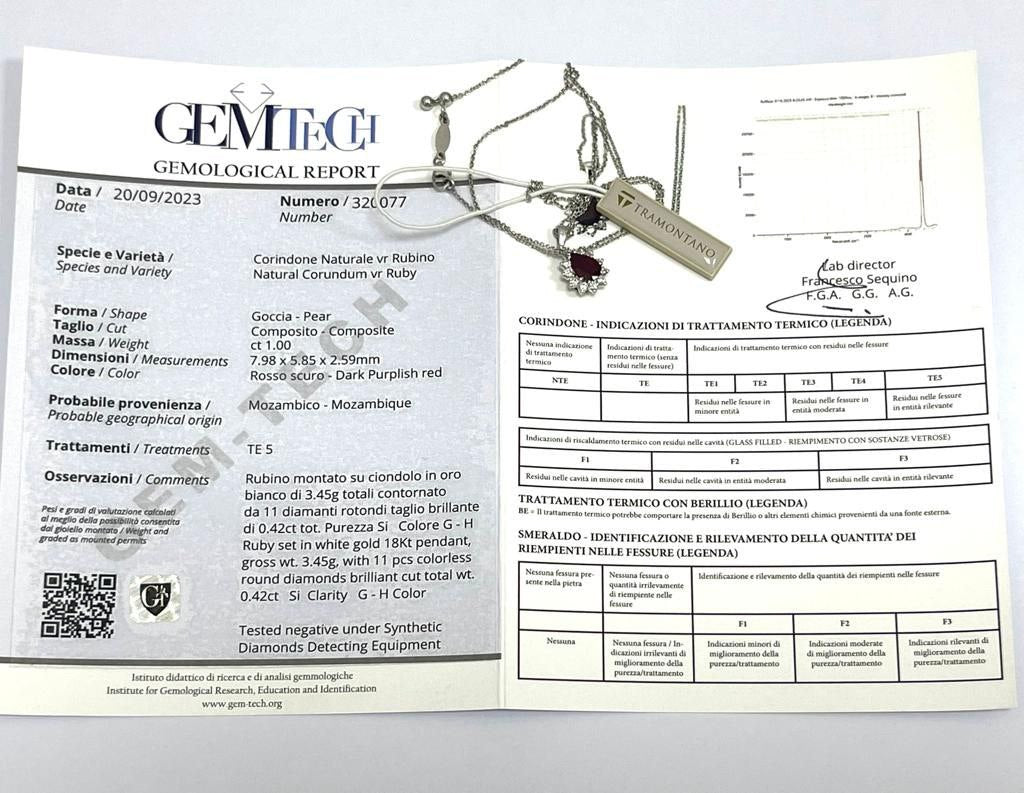 Collana pendente Rubino 1,00 ct eDiamanti 0,42 ct Oro Bianco 18KT-750 certificato GEM-TECH