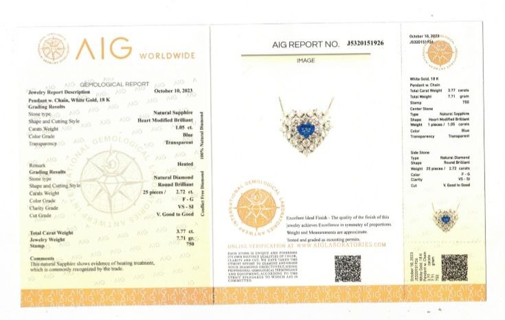 Collana pendente Cuore Oro bianco 18kt - 750 Astralia Zaffiro 1,05 ct e Diamanti 2,72 ct certificazione AIG MILAN