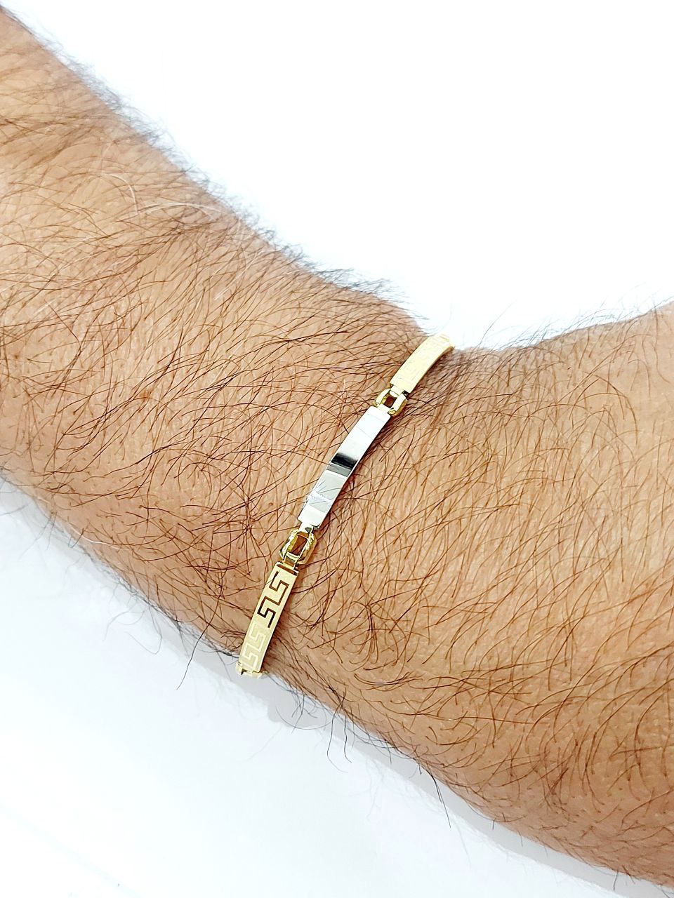 Bracciale Oro bianco e Oro Giallo 18 kt (750) targhette con greca lavorate - Oreficeria