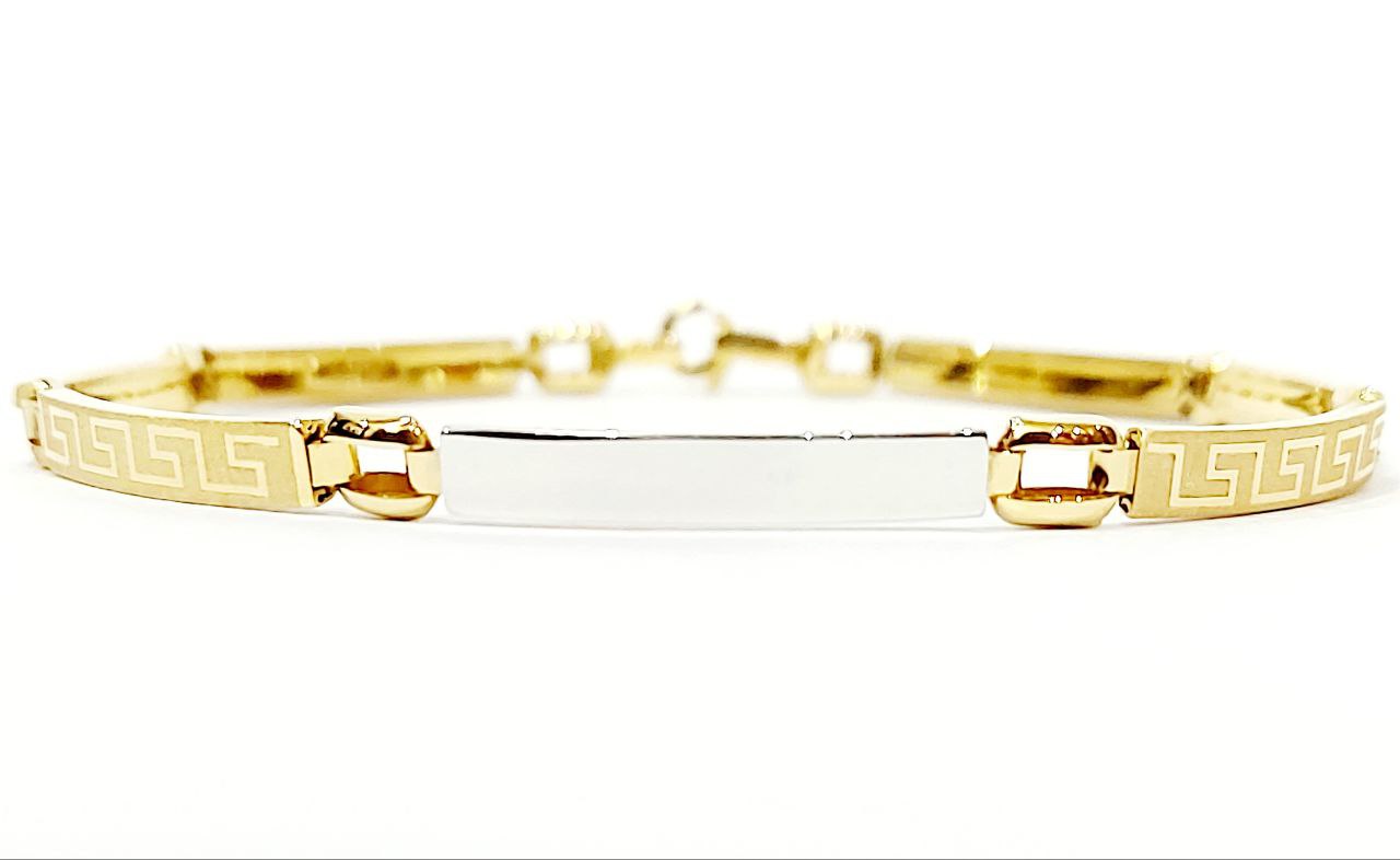 Bracciale Oro bianco e Oro Giallo 18 kt (750) targhette con greca lavorate - Oreficeria