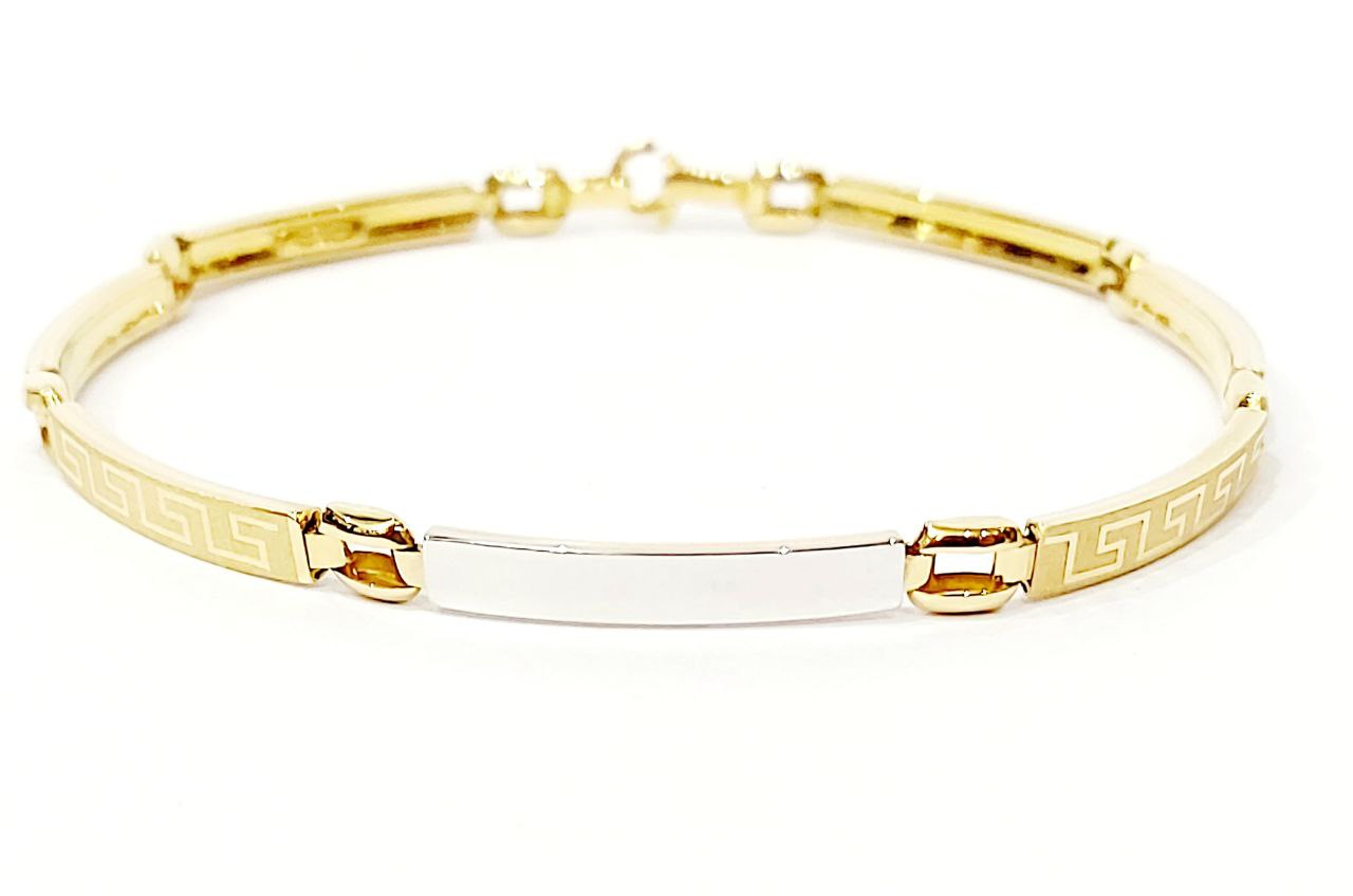 Bracciale Oro bianco e Oro Giallo 18 kt (750) targhette con greca lavorate - Oreficeria