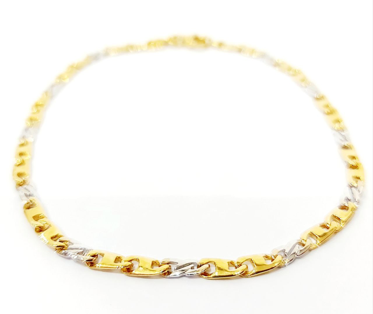 Bracciale Oro Bianco e Oro Giallo 18 kt (750) catena piatta intrecciato unisex - Oreficeria