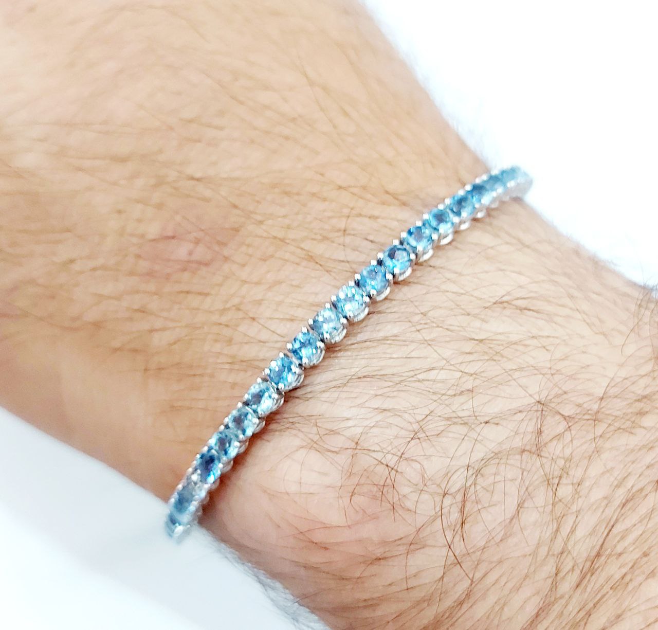 Bracciale Tennis filo tondo Unisex Oro 18kt-750 -18 cm con Acquamarina Ct 8,20
