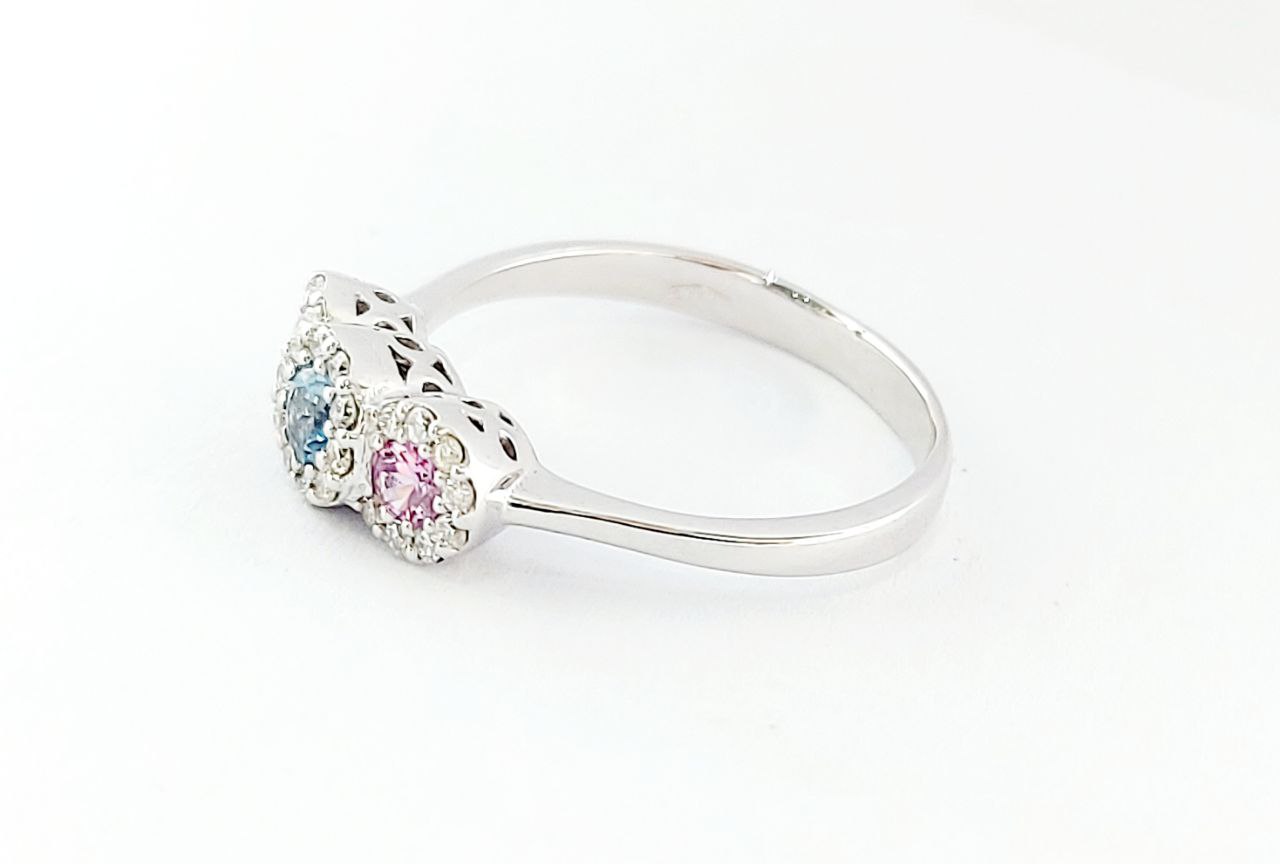 Anello trilogy modello magic con Zaffiro Rosa Acquamarina e Diamanti Naturali Taglio brillante Oro Bianco 18kt-750