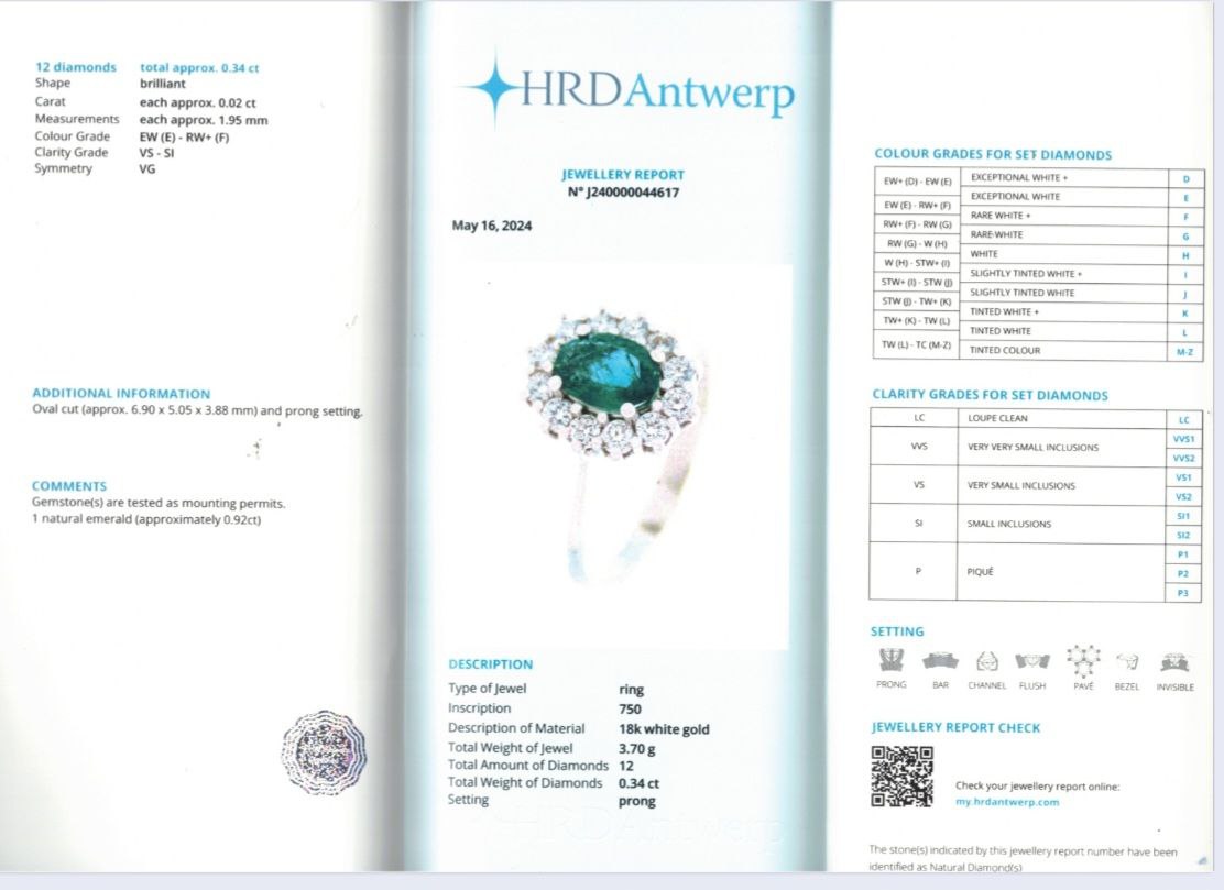 Anello con diamanti da ct 0,34 e smeraldo da ct 0,92 in oro Bianco 18kt (750) con certificato HRD Antwerp