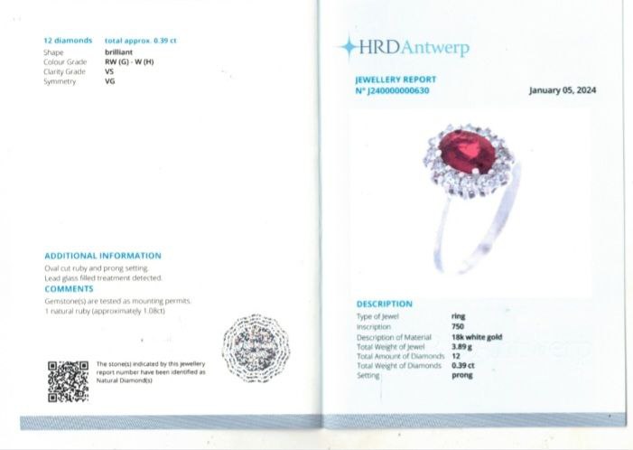 Anello con rubino ct 1,08 e diamanti ct 0,39 in oro bianco 18kt (750) certificato HRD Antwerp