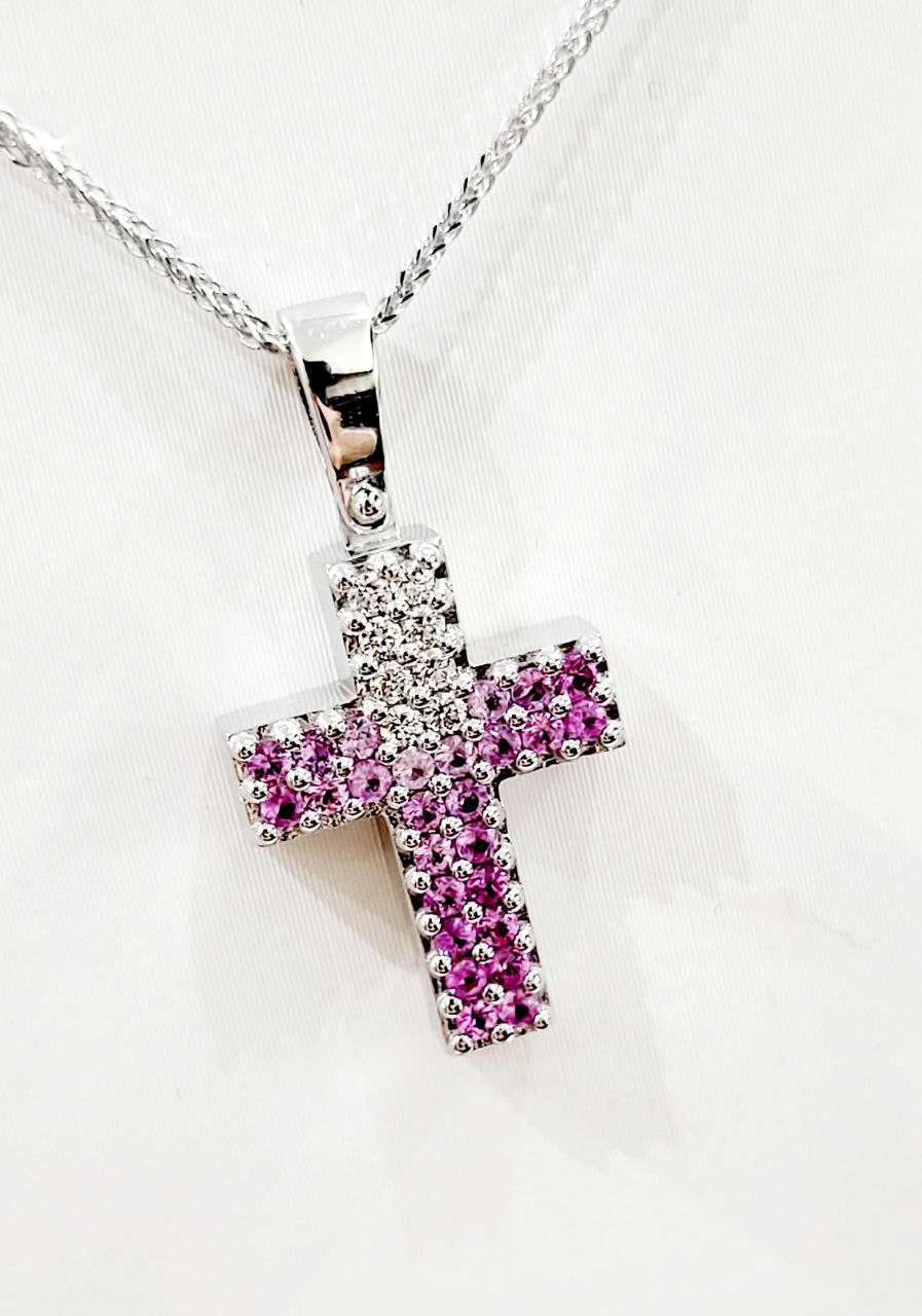Collana con Croce in pave' Oro Bianco 18kt -750 Diamanti Bianchi ct 0,14 Zaffiro Rosa ct 0,48