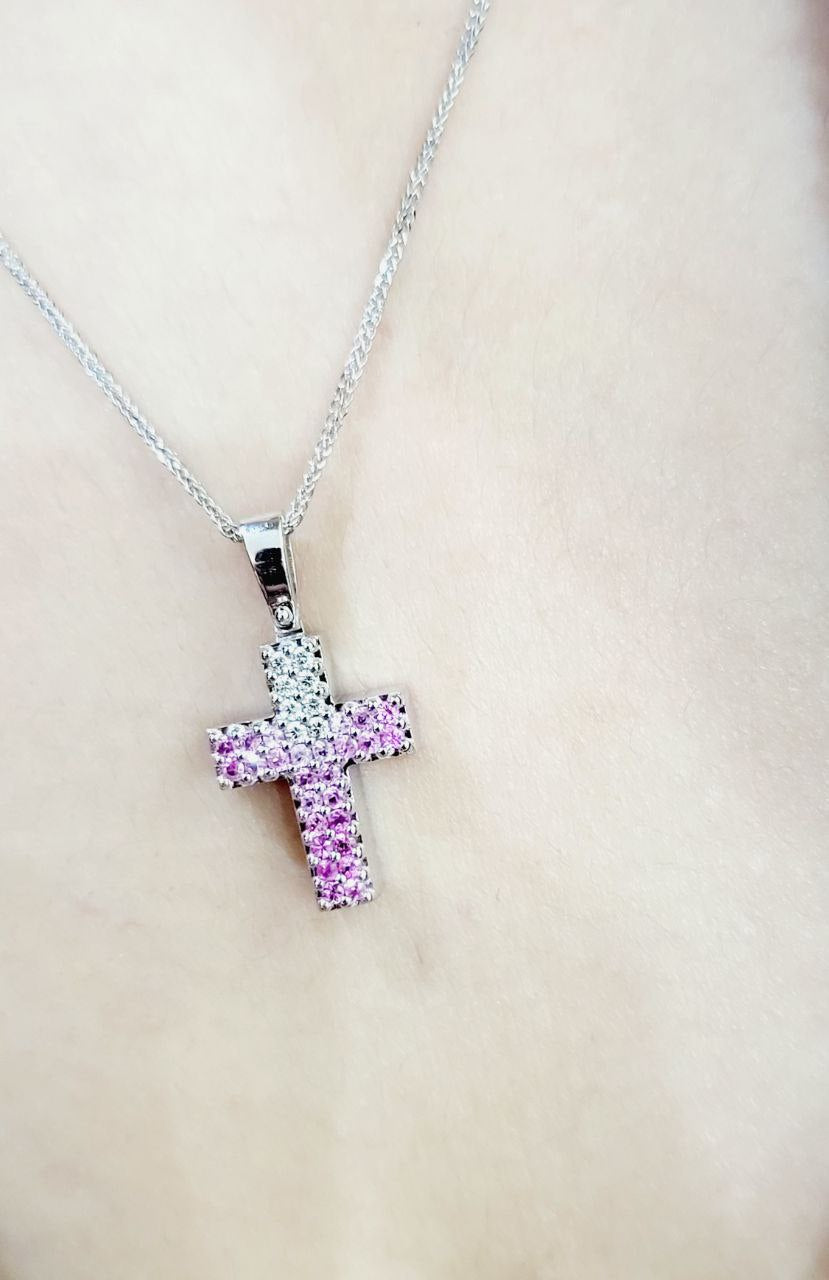 Collana con Croce in pave' Oro Bianco 18kt -750 Diamanti Bianchi ct 0,14 Zaffiro Rosa ct 0,48