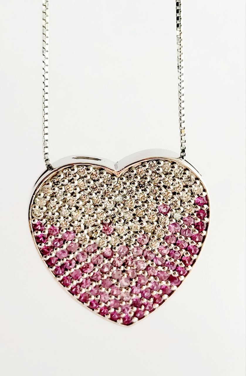 Collana cuore in pave' Oro bianco 18kt-750 con Diamanti ct 0,71 e Zaffiro Rosa ct 0,60