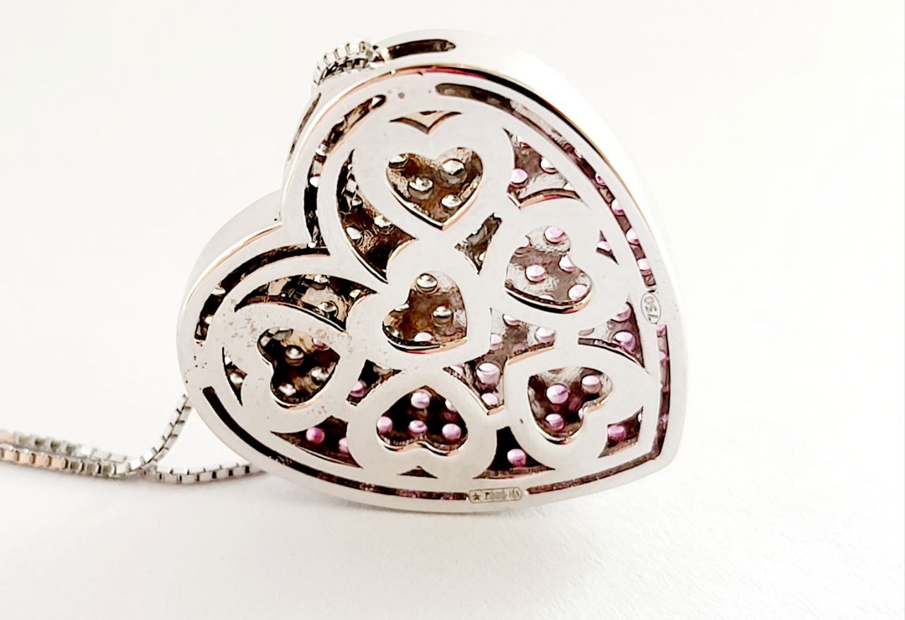 Collana cuore in pave' Oro bianco 18kt-750 con Diamanti ct 0,71 e Zaffiro Rosa ct 0,60
