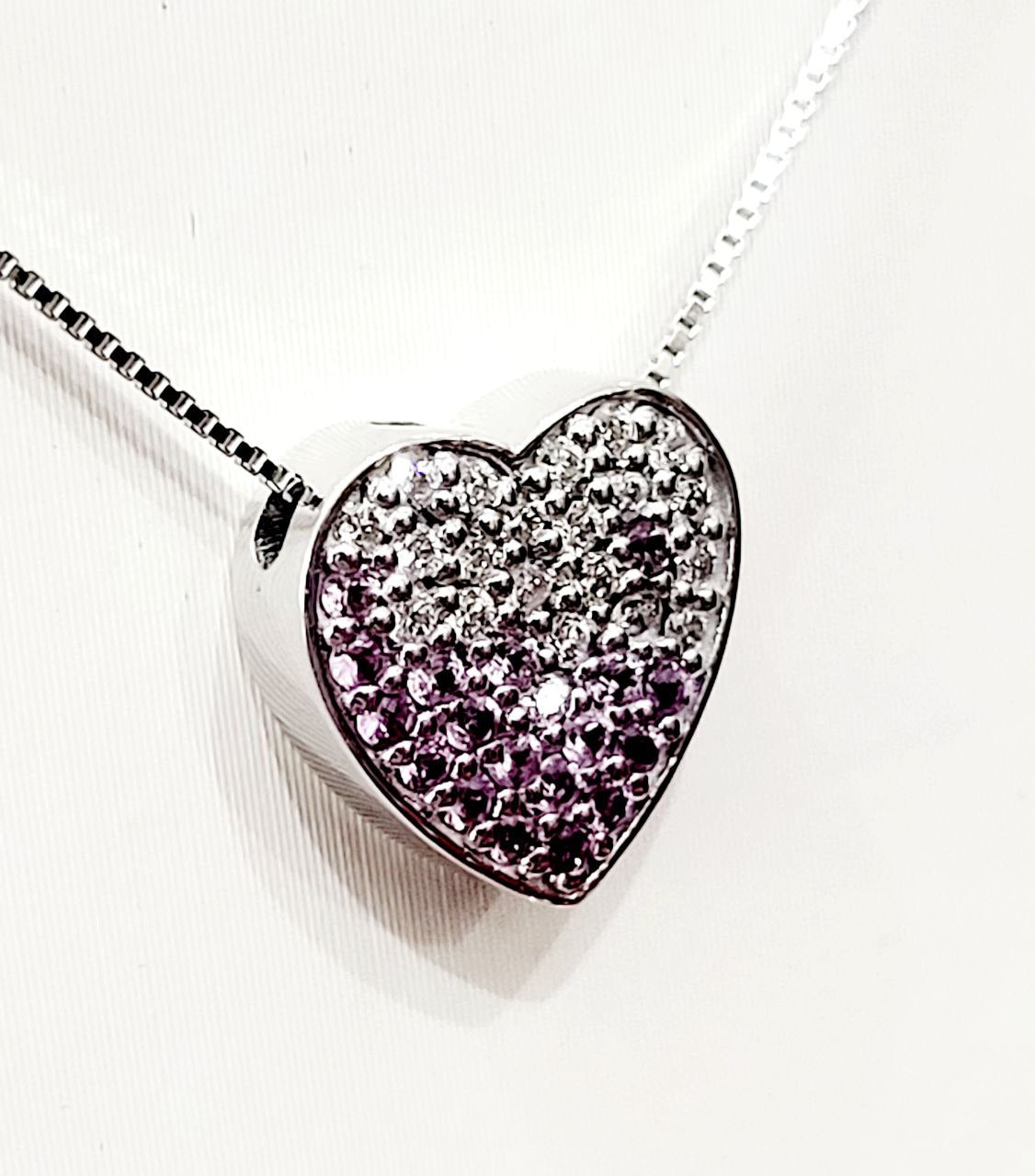 Collana cuore in pave' Oro bianco 18kt-750 con Diamanti ct 0,25 e Zaffiro Rosa ct 0,20