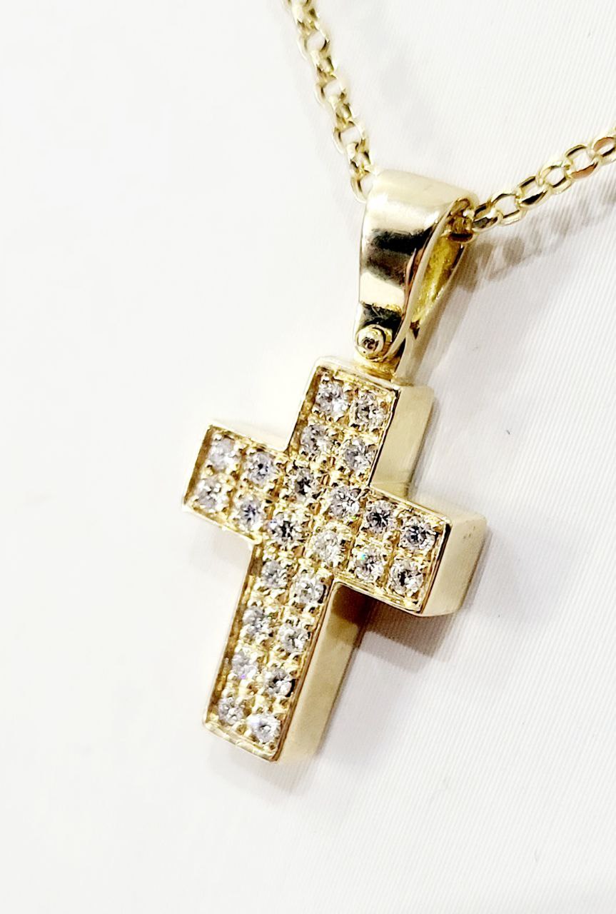Collana rollo' con pendente Croce in pave' in Oro Giallo con Diamanti 0,40 ct 18 kt-750