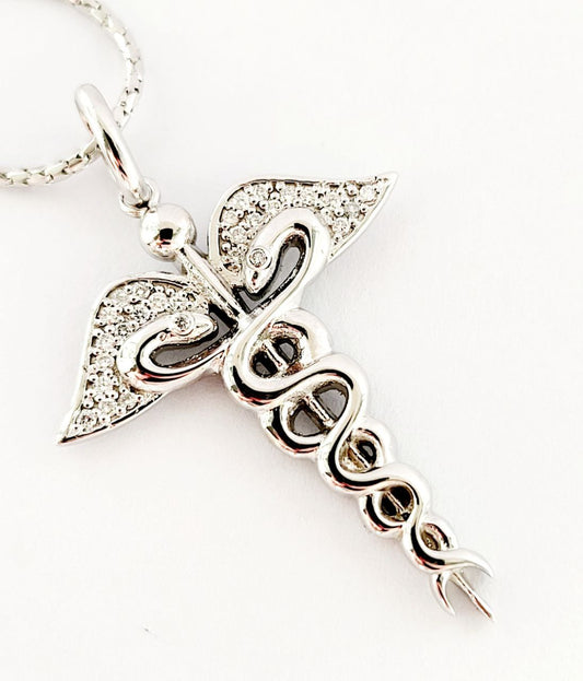 Collana con pendente Croce Caduceo in Oro Bianco 18kt-750 e Diamanti ct 0,20