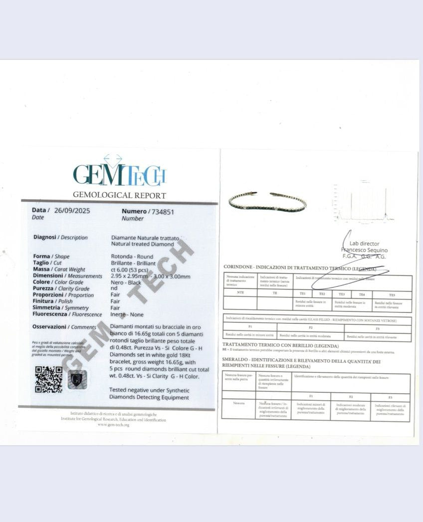 Bracciale Tennis Diamanti Neri ct 6,00 Diamanti Bianchi ct 0,48 in oro bianco 18kt (750) - Certificato Gem Tech