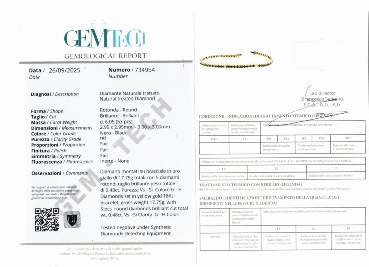 Bracciale Tennis con Diamanti Neri ct 6,05 e Diamanti Bianchi ct 0,48 in oro giallo 18kt (750) - Certificato Gem tech