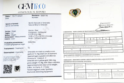 Anello Astralia con Smeraldo ct 2,00 a Goccia e Diamanti ct 0,80 - taglio Baguette con certificato Gem Tech