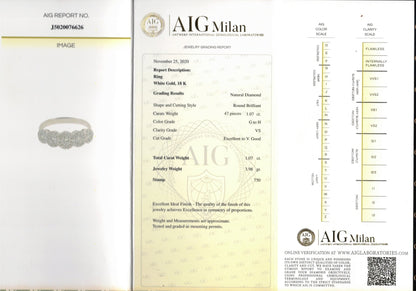 Anello veretta a 5 magic Astralia con diamanti 1,07 ct in Oro Bianco con certificazione gemmologica AIG Milan 18 kt (750)