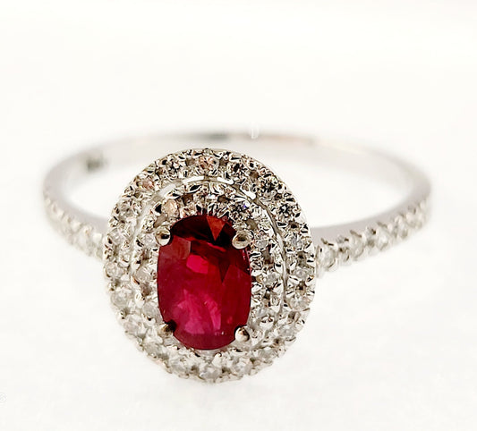 Anello Rubino 0,80 ct centrale e doppio giro di Diamanti 0,30 ct Oro Bianco 18 kt (750)