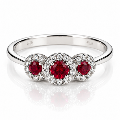 Anello trilogy magic con diamanti ct 0,24 e rubini ct 0,45 in oro bianco 18kt (750)