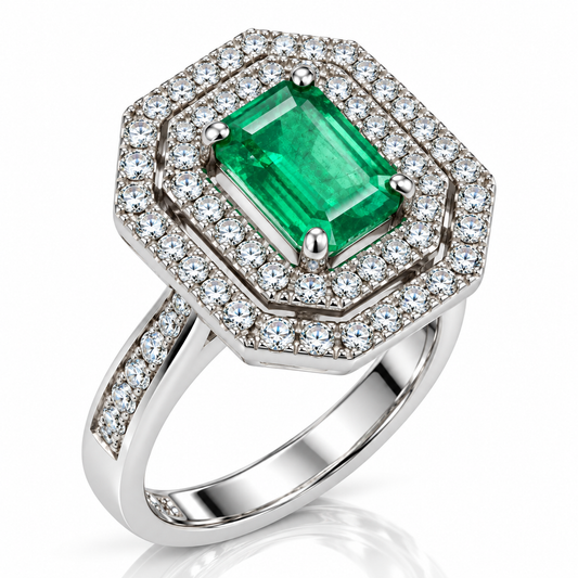 Anello con smeraldo ottagonale ct 0,89 e contorno di diamanti ct 0,45 in oro bianco 18kt (750)