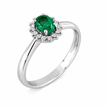 Anello con Smeraldo Ovale ct 0,40 e Diamanti ct 0,10 in oro bianco 18kt (750)