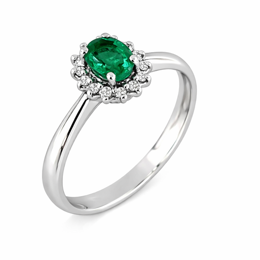 Anello con Smeraldo Ovale ct 0,40 e Diamanti ct 0,10 in oro bianco 18kt (750)
