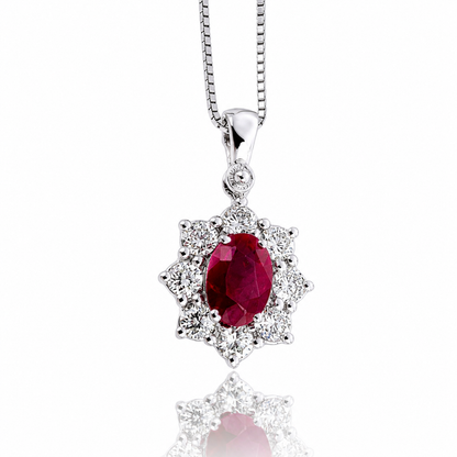 Collana fiore con diamanti ct 0,30 e rubino ct 0,48 in oro bianco 18kt (750)