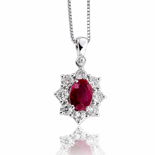Collana fiore con diamanti ct 0,30 e rubino ct 0,48 in oro bianco 18kt (750)