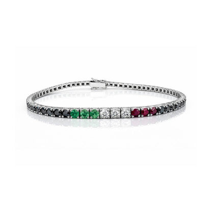 Bracciale tennis con diamanti neri ct 4,55 - diamanti bianchi ct 0,18 - rubini ct 0,24 - smeraldi ct 0,19 in oro bianco 18kt (750)